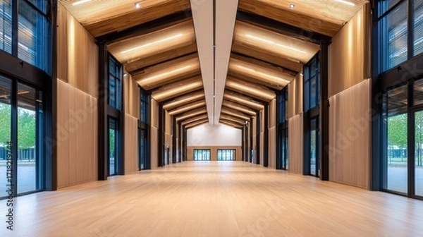 Fototapeta Spacious modern hall with wooden beams and large windows, perfect for events and gatherings