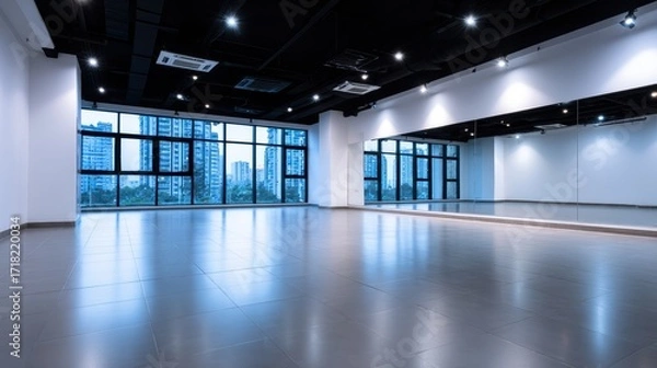 Fototapeta Spacious modern dance studio with large windows showcasing city skyline and bright lighting
