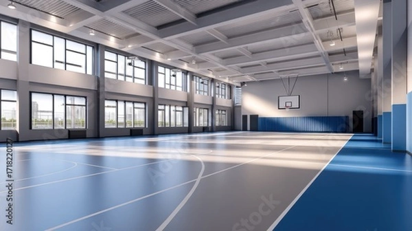 Fototapeta Spacious modern gymnasium featuring polished floors and large windows with natural light streaming in