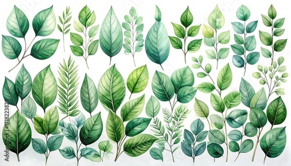 Fototapeta Watercolor collection of various leaves and branches