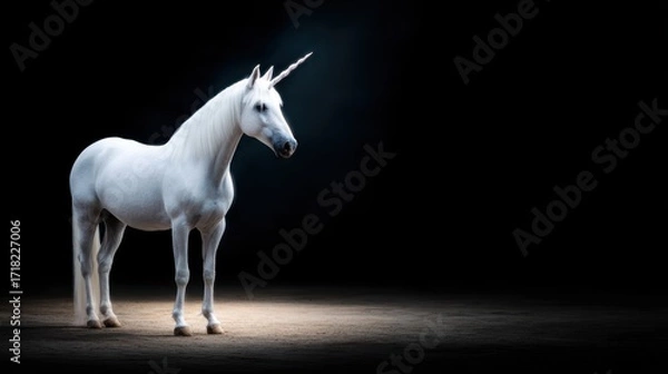 Fototapeta Majestic unicorn stands in a spotlight on a dark stage, creating an enchanting atmosphere