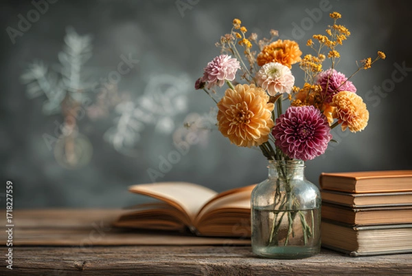 Fototapeta school stationery, flowers and books on table, chalkboard background. symbol of beginning of the school year, teacher's day. Knowledge Day, education concept. back to school. 1 September. copy space