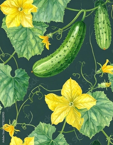 Fototapeta Watercolor cucumbers and flowers on a dark background