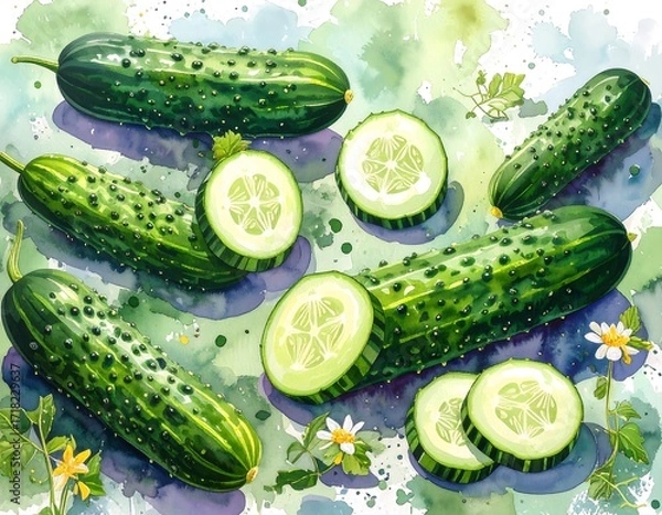 Fototapeta Watercolor cucumbers and slices on a speckled background
