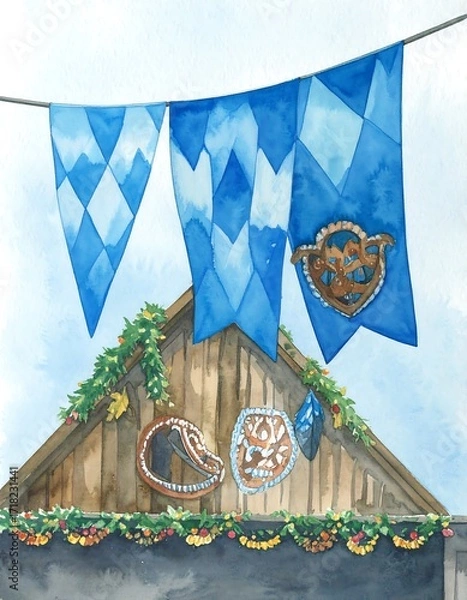 Fototapeta Watercolor depiction of festive flags and decorations
