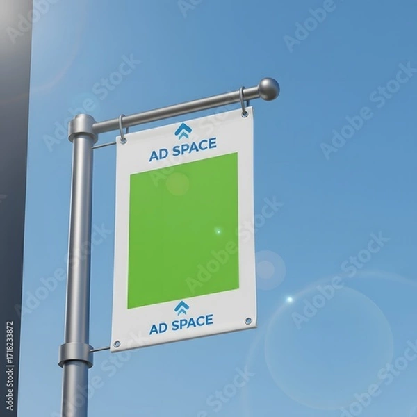 Fototapeta Vertical street pole banner mockup with a blank green screen for customizable ad space. Outdoor advertising concept for marketing and promotion
