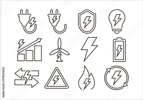 Fototapeta Electricity and energy set icon isolated. Lightning bolt, battery, plug, wind turbine, power, renewable energy, electrical safety. Vector stock illustration