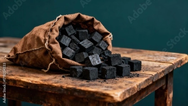 Fototapeta Close-up of black charcoal cubes spilling from a brown sack onto a rustic wooden table