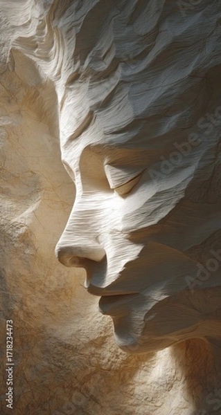Obraz Close-up of a sculpted face, light beige,  with deeply carved textures,  profile view