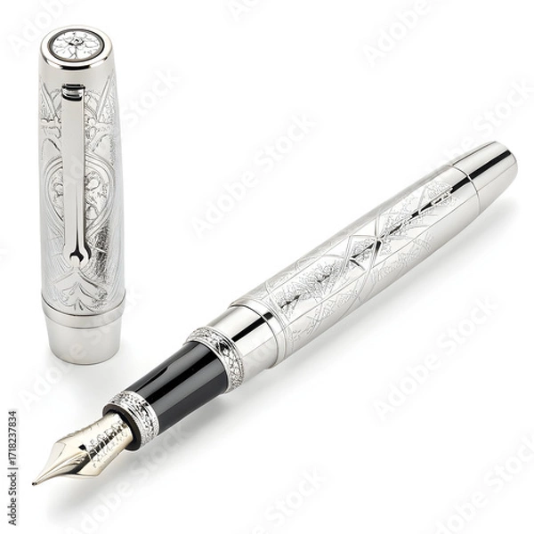 Fototapeta A sleek fountain pen placed on a white background, used for elegant handwriting, professional documents,