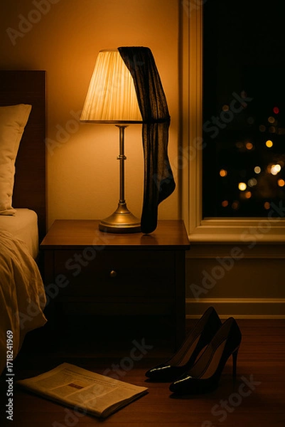 Fototapeta a nylon stocking on the abat-jour, a pair of heels on the floor, AI generated