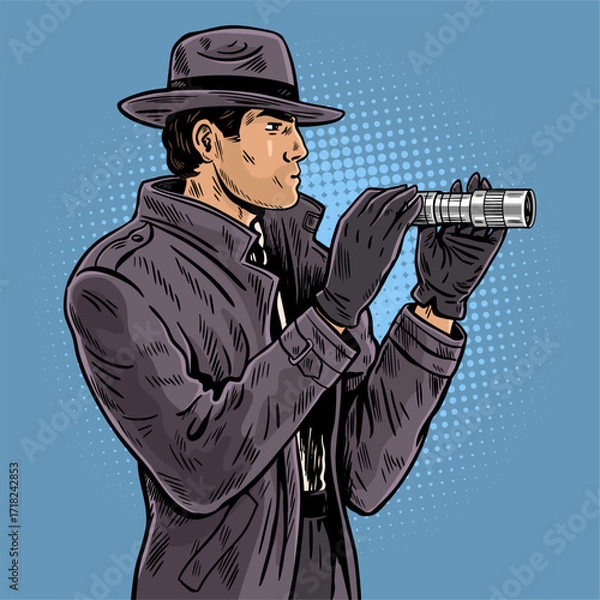 Obraz Retro detective with monocular spyglass illustration