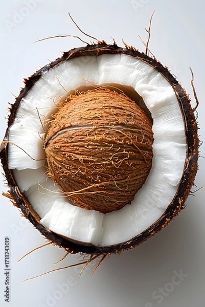 Fototapeta A coconut is shown close up without outer shell covering.