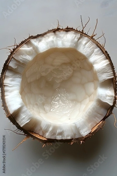 Fototapeta Macro shot of coconut shell containing small amount of liquid inside.