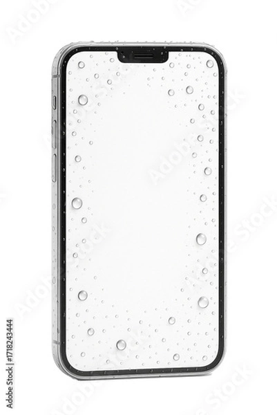 Fototapeta Smartphone mockup with blank white screen and water drops, isolated on transparent background