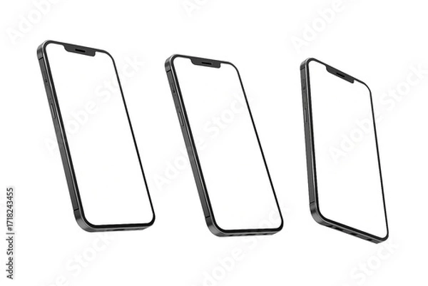 Fototapeta Three angled smartphone mockups with blank white screens, isolated on transparent background