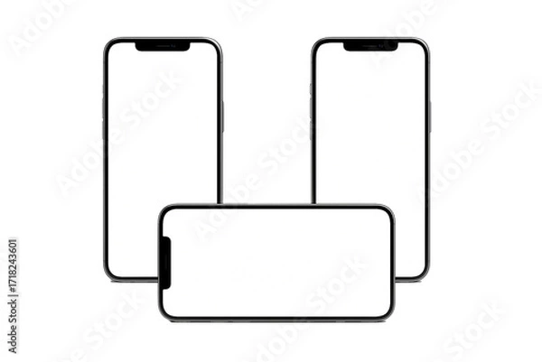 Fototapeta Set of three smartphone mockups with blank white screens, vertical and horizontal views, isolated on transparent background