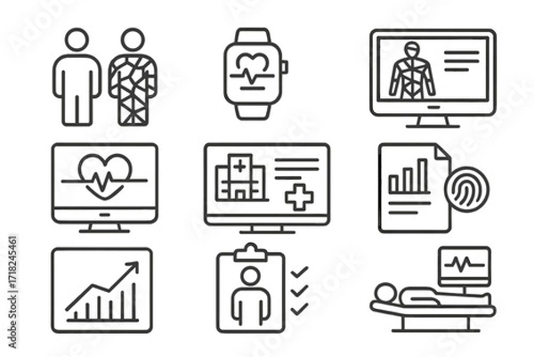 Fototapeta Healthcare Digital Twins Icons. Line style icons of healthcare digital twins: patient twin, wearable device feed, body scan