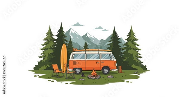 Fototapeta Vintage camper van in forest with surfboard and campfire scene