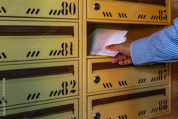Fototapeta A man takes a letter out of a mailbox, a man puts a letter into a mailbox in an apartment building,