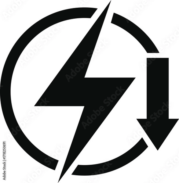 Fototapeta PrintElectric sign with down arrow. Low electricity energy icon. black design in trendy style. Vector illustration
