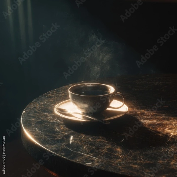 Obraz Steaming Coffee in Dark Cup on Marble Table