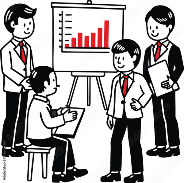 Fototapeta Business professionals gathered around a whiteboard presenting a bar graph showing upward financial growth and progress during a meeting