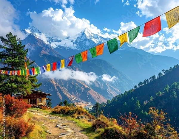 Fototapeta Mountain vista with prayer flags and a hut