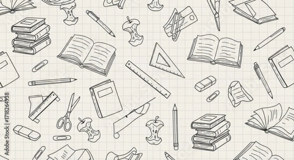 Fototapeta Whimsical back to school pattern with books, pencils, and apple cores on a light grid background for creative projects and educational designs