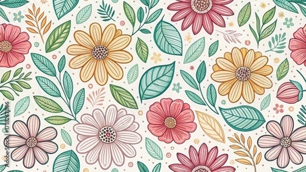 Fototapeta Delightful floral garden pattern with pink, yellow, and green for charming backgrounds or springtime designs with a cheerful, hand-drawn aesthetic