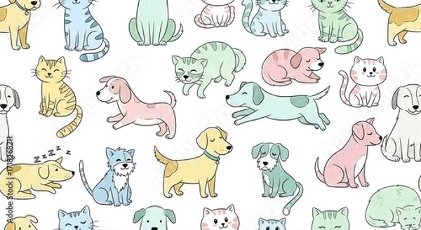 Fototapeta Delightful pastel pet pattern featuring playful dogs and cats, perfect for adding charm and whimsy to any project needing adorable animal designs