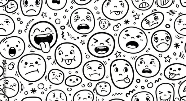 Fototapeta Expressive emoji pattern with playful, quirky faces showing diverse emotions for social media, branding, and fun designs that grab attention
