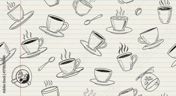 Fototapeta Charming coffee cup doodles on lined paper create a cozy, creative vibe perfect for cafe promotions and unique branding projects