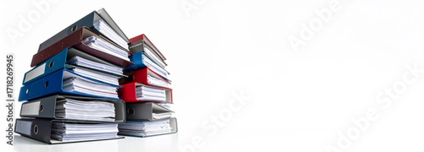 Fototapeta stack of black file folders full of documents against white background, space for your text