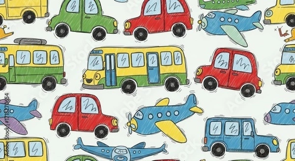 Fototapeta Playful transportation pattern with hand drawn cars, buses, and airplanes adds a whimsical touch to kids' designs and invites creative storytelling