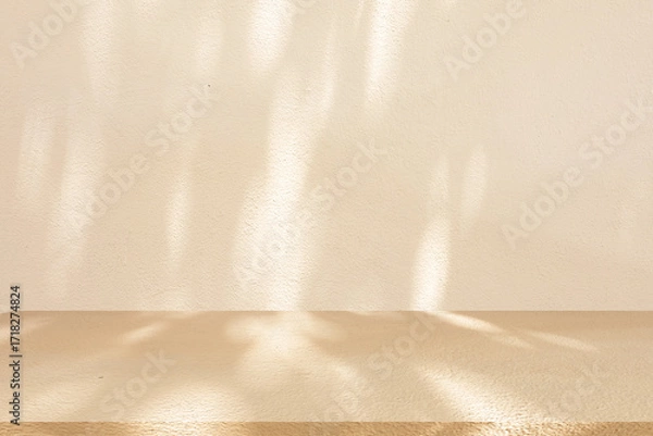 Fototapeta close up mockup studio with shadowing and light of beige plain concrete wall texture and tabletop for show product on display background concept