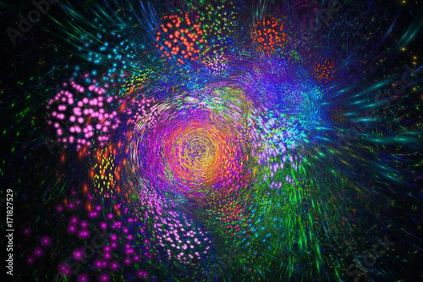 Fototapeta Abstract rainbow fireworks on black background. Fractal graphics. 3D rendering.