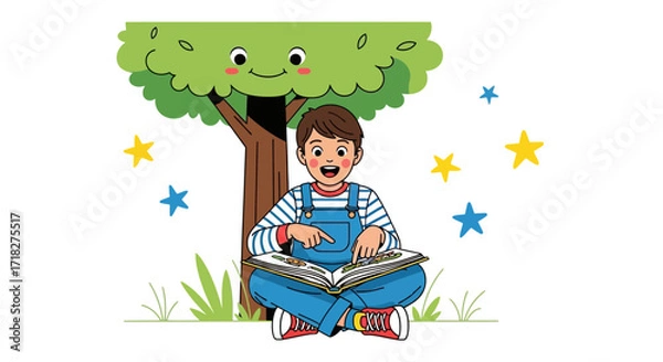 Obraz Young Boy Reading Book Under Tree With Smiling Face and Colorful Stars Illustrative