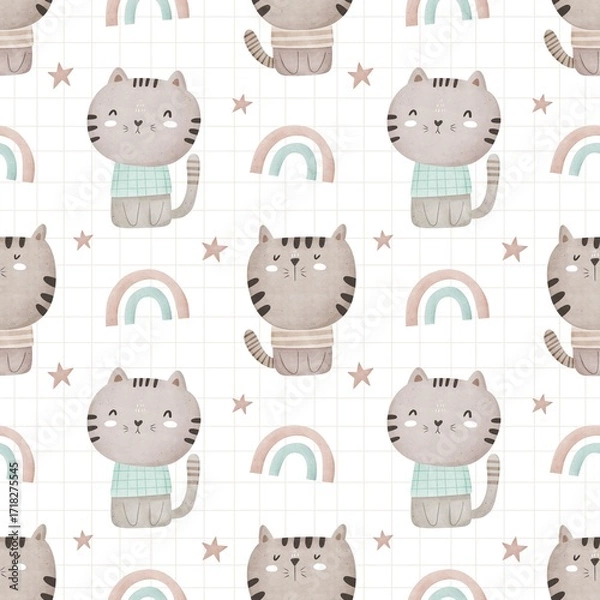 Fototapeta seamless pattern with cartoon cats, rainbow. Colorful illustration flat for kids. hand drawing. baby design for fabric, print, wrapper, textile