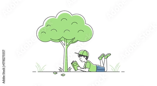Obraz Young Boy Reading Under a Tree, Enjoying Peace and Solitude in Nature's Embrace