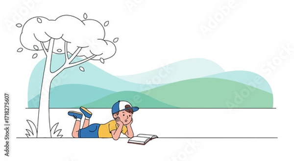 Obraz Young Boy Reading Under Tree: A Moment of Peaceful Contemplation in a Scenic Landscape