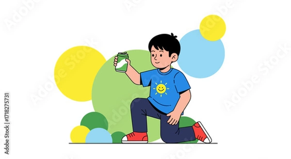 Fototapeta Young Boy Smiling, Holding Beverage Container While Kneeling With Colorful Background