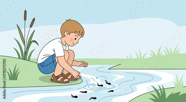 Obraz Young Boy Watching Tadpoles Swim In A Refreshing Clear Stream In A Natural Setting