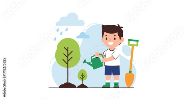 Fototapeta Young Boy Watering Plants in Garden with Shovel And a Smiling Expression