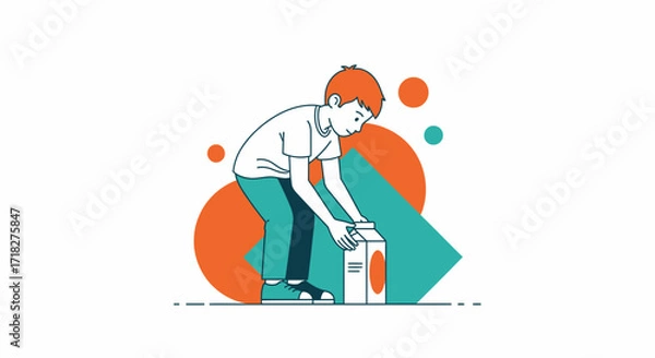 Fototapeta Young Boy With Milk Carton In Modern Illustration Style And Minimalist Design