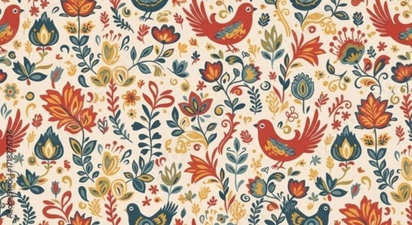 Fototapeta Charming folk art pattern with birds and flowers creating a vintage, handcrafted feel perfect for textiles, wallpaper, or adding a whimsical touch