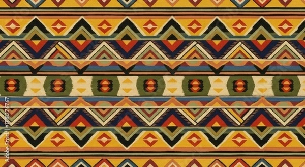 Fototapeta Vibrant geometric textile pattern with tribal influences for bold design projects or eye-catching backgrounds, ideal for creative ethnic style concepts