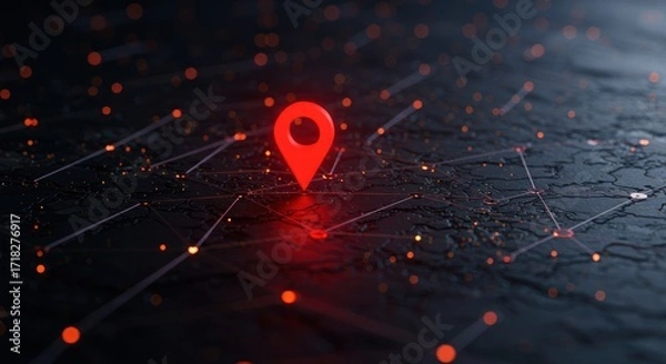 Fototapeta Red location pin on a dark network background with connecting lines and dots.
