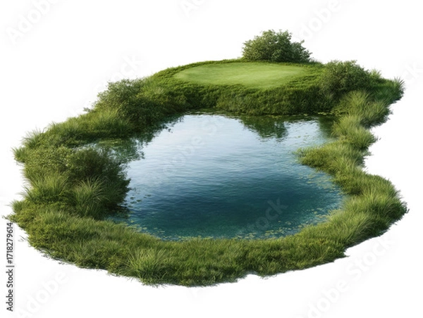 Fototapeta PNG of Serene golf course pond surrounded by lush greenery, reflecting the blue sky and inviting tranquility.
