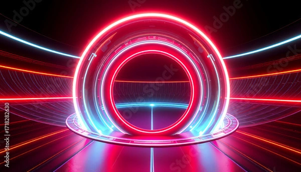 Fototapeta A glowing neon circle with vibrant colors, a futuristic visual concept. This image exudes a sense of technological advancement and modern design